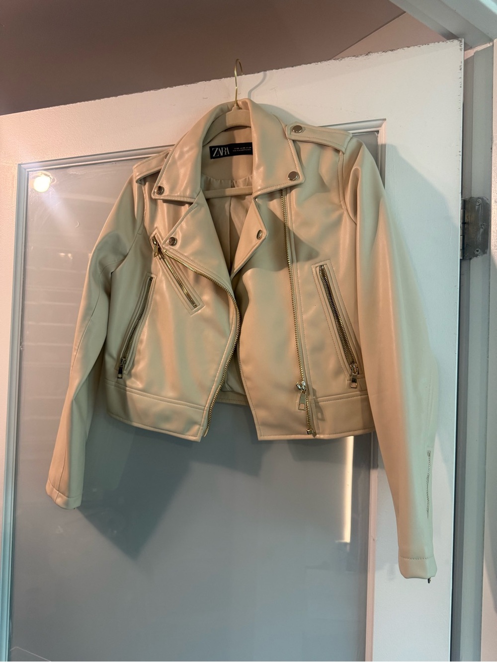 ZARA Beige Cream Biker-Style Leather Jacket - Picture 5 of 5